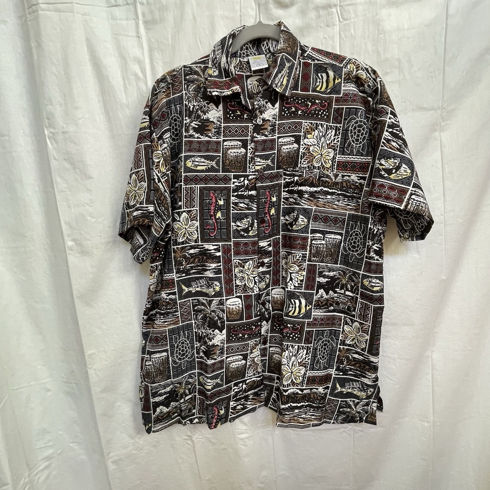 Rima Hawaiian Shirt Mens Size L Black Red Island Floral Design Short Sleeve